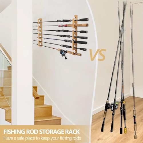 THKFISH Wood Fishing Rod Holders for Wall Ceiling, Holds Up to 7-10 fishing Pole Holders for Garage (1 set holds up 7 rods) - style: 1 set holds up 7 rods