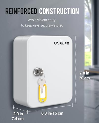 Uniclife 20 Position Key Cabinet with Key Lock Wall Mounted White Security Storage Box Steel Key Organizer with Colorful Key Tag Labels Identifiers Stickers and Hooks - color: White, size: 20-Key