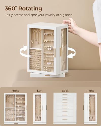 Glimmloop 360° Rotating Jewelry Box with 9 Drawers, Spacious Vertical Jewelry Organizer with Glass Window, Jewelry Storage Case, Dustproof & Moisture-resistant Design, White - color: White, size: 9 Drawers (6.2"D x 11"W x 15.1"H)