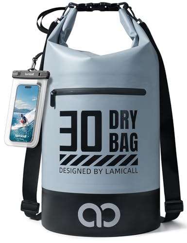 Lamicall Waterproof Dry Bag with Phone Pouch - 5L/10L/20L/30L/40L Floating Roll Top Backpack for Kayaking Boating Beach Camping Fishing - Heavy Duty 500D PVC Marine Dry Sack for Men, Women, Grey 30L - color: Blueish Gray, size: 30L