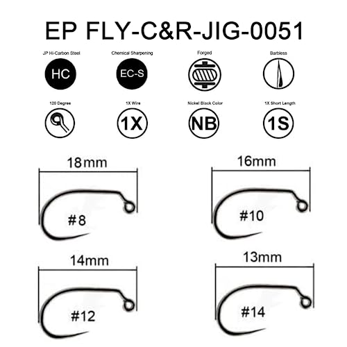 Eupheng Fly Fishing Hooks 100pc Pack Barbless Catch & Release Dry Wet Nymph Shrimp&Pupa, Streamer, Caddis, Jig, Scud Flies Fishing Hooks - color: EP Fly-C&R-JIG-0051, size: #10