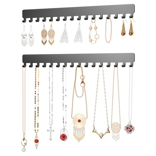 Bussdis Necklace Holder - Extended Hanging Jewelry Organizer, Self-Adhesive, Wall Mount, 2 Pack, Black - color: Black, size: 13.19 inch