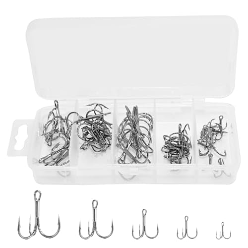 Fishing Hooks Treble Hooks Kit, 50pcs(Size#2#4#6#8#10),High Carbon Steel Strong Sharp Round Bend for Catfish Trout Hard Baits Lures,Saltwater Freshwater