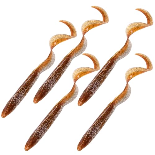 Dr.Fish 5 Pack Sand EEL Lures Saltwater Soft Fishing Lures Swimbait 6 Inch 3/8oz Surf Fishing Creature Baits Soft Plastic Artificial Ribbontail Worm - color: Brown Flash