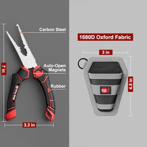 SNAIL TRAIL 7'' Fishing Pliers, Angled Head Split Ring Pliers, Auto-Open by Magnets, Corrosion Resistant Fish Hook Remover, Saltwater Crimping Shot & Wire Cutter Tool - style: Pliers & Sheath