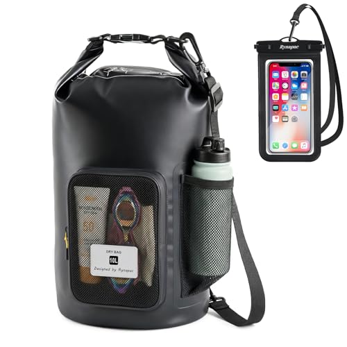Rynapac 10L Waterproof Dry Bag with Bottle Holder & Mesh Pocket, 500D PVC Tarpaulin Roll Top Dry Sack with Inner Waterproof Adsorption Film, Dry Storage Bag for Kayaking, Boating, Beach, Camping - size: 10L