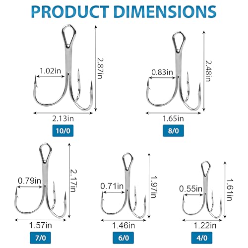 Classic Treble Fishing Hooks, 15pcs High Carbon Steel Large Treble Hooks Silver Triple Barbed Fish Hooks for Saltwater Freshwater Fishing Size 4/0 6/0 7/0 8/0 10/0 - size: 6/0-15pcs