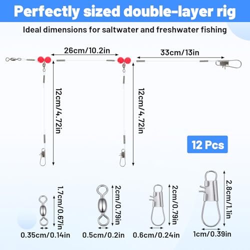 12 Pcs Double Drop Saltwater Fishing Rig - Pre-Tied 2 Hook Bottom Fishing Rigs with Swivels and Snaps - 90lb Mono Leader Line for Snapper, Bass, Mackerel, Catfish, Surf Pier Boat