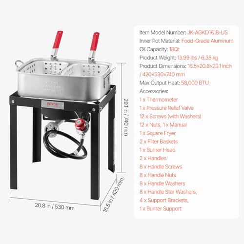 VEVOR 18 Qt Fish and Wing Fryer with Double Basket, Aluminum Propane Fish Fryer Kit, Outdoor Deep Fryer Seafood Pot with Thermometer and 58,000 BTUs Propane Burners, for Outdoor and Backyard Cooking - style: 18-qt