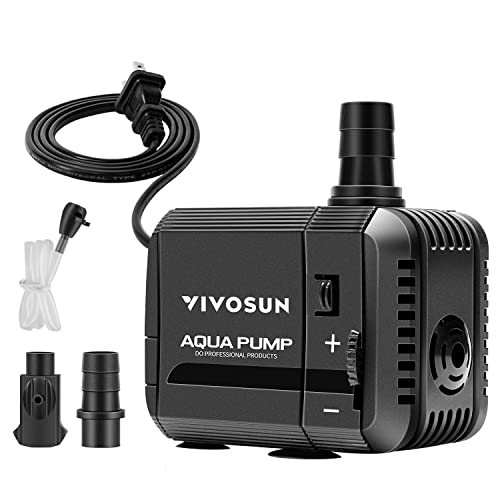 VIVOSUN 210GPH Submersible Pump(800L/H, 8W), Ultra Quiet Water Pump with 3.3ft High Lift, with 5ft Power Cord, 2 Nozzles for Fish Tank, Pond, Aquarium, Statuary, Hydroponics Black - size: 5"×3"-210