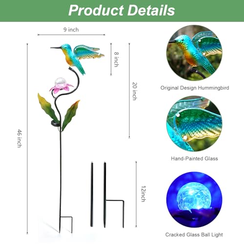 HONGLAND 46 Inch Solar Hummingbird Lights, Solar Garden Decor with Cracked Glass Ball, Hummingbird Decorative Garden Stakes Outdoor Waterproof for Lawn Patio Yard Porch, Gifts for Mom - color: Hummingbird
