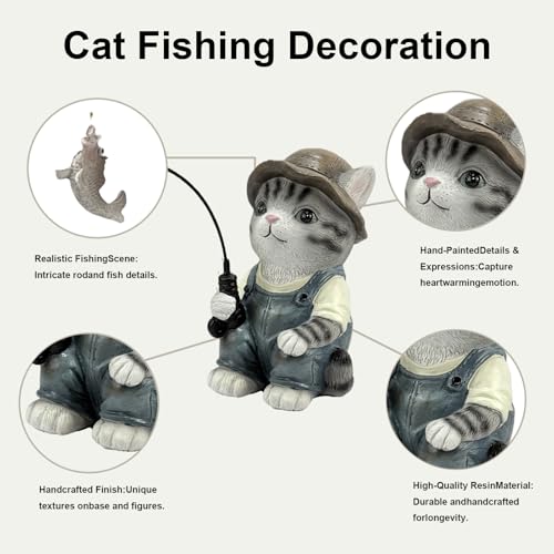 GARDEN WHISPER Cat Statue Outdoor Koi Pond Garden Decoration, Grey Cat Decor for Yard 7.1'' Fishing Tabby Statue Outdoor Garden Decor, Fishing Guy for Waterfalls or Koi Pond Additioanl, Gifts for Mom - color: Fishing Cat（grey）