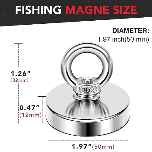 DIYMAG Strong Neodymium Fishing Magnets 350 Lbs(158 KG) Pulling Force Rare Earth Magnet with Lifting Countersunk Hole Eyebolt Diameter 1.97 inch(50 mm) for Retrieving in River and Magnetic - size: 50mm