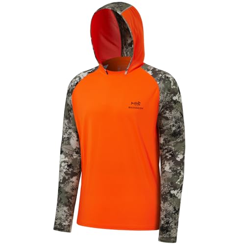 BASSDASH Men’s UPF 50 Performance Fishing Shirt Cooling Hoodie Camo Long Sleeve FS17M - color: Blaze Orange/Grunge Camo, size: Large