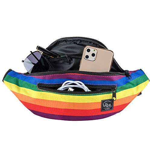 Vibe Festival Gear Rave Fanny Pack for Women Men – Festival, 4 Pockets, Adjustable Strap, Cute Waist Bag, Crossbody Belt Bag, Hiking, Running, Cycling - color: Rainbow, size: Fits Most