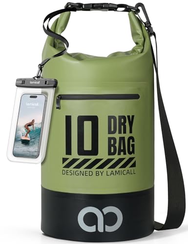 Lamicall Waterproof Dry Bag with Phone Pouch - 5L/10L/20L/30L/40L Floating Roll Top Backpack for Kayaking Boating Beach Camping Fishing - Heavy Duty 500D PVC Marine Dry Sack for Men, Women, Green 10L - color: Olive Green, size: 10L