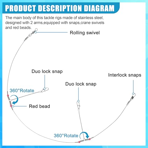 Fishing Leaders Saltwater Tackle Surf Fishing Rigs Bottom Hi-Low Rig High Strength Wire Leader Line with Swivel Snaps Beads Gear Equipment for Lures Bait Hooks - size: 2 arm,12packs