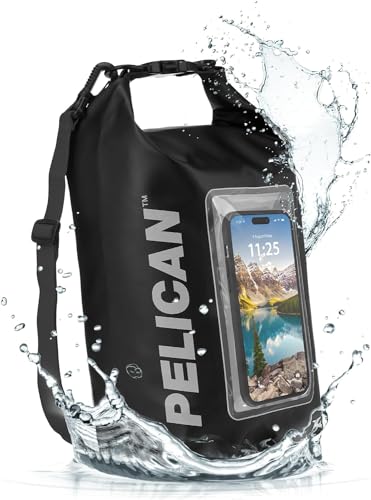 Pelican Marine IP68 Waterproof Dry Bag 5L with Phone Pouch/Case - Black | Roll Top Waterproof Backpack with Touchscreen Phone Pouch - Swimming, Kayaking, Camping, Rafting, Fishing & Travel Essentials - color: Stealth Black, size: 5L