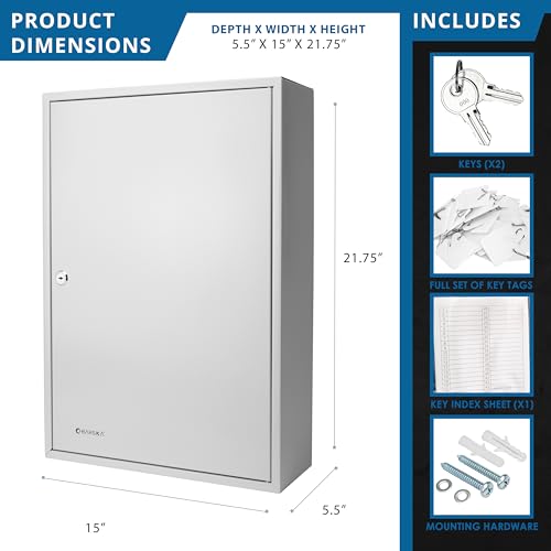 Barska 240 Position Key Cabinet with Numbered Hooks – Wall Mount Steel Key Organizer Safe with Index Log, White Key Tags & Lockable Door for Office or Business - Key box wall mount - key locker