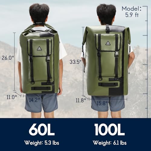 Haimont Dry Waterproof Roll Top Backpack Marine Dry Bag River Pack with Waist Belt Camping Surfing 60L, Army Green/Black - color: Army Green/Black, size: 60L