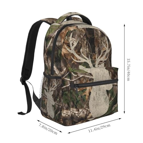 Camo Deer Laptop Backpack, 15.6" Lightweight Hiking Backpack Travel Outdoor Business Casual Daypack for Work College - color: Camo Deer