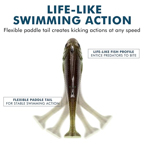 Pre-Rigged Soft Fishing Lures with Weedless Hook, Lifelike Paddle Tail Swimbaits for Bass Fishing, Freshwater & Saltwater Curly Type Tail Soft Plastic Baits for Bass, Pike, Trout, and Walleye. - color: A1-2.75"-0.4oz