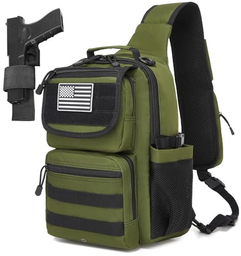 Tactical Sling Crossbody Bag Holster Shoulder Backpack 15L Water Bottle Holder Radio Pouch 6 Elastic Slots for Men Women Hiking Hunting Shooting - color: Od Green