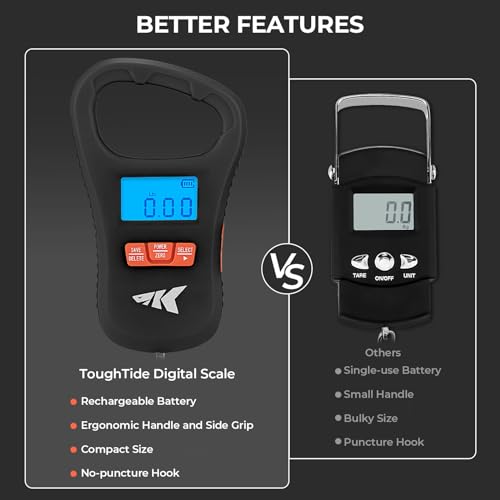 KastKing ToughTide Fishing Scale, USB Charging, 65lb Capacity, Ultra-Thin Digital Fish Scale, LCD Display, Ergonomic Handle, Fish Scales Digital Weight, Fishing Accessories for Men - color: A: Black