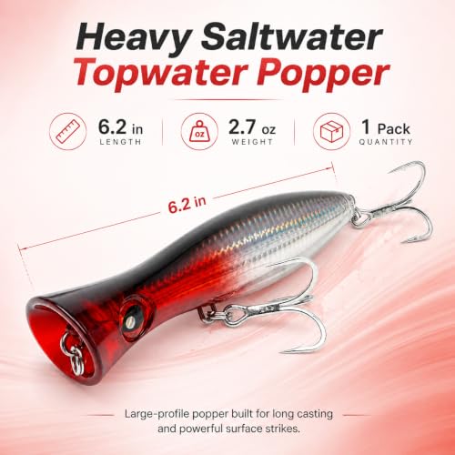 6.2 Inch 2.73 oz Saltwater Topwater Popper Fishing Lures with 3/0 4X Strengthened BKK Treble Hooks, Through-Wire for Strength & Durability, Target GT, Tuna, Sea Bass, Marlin - color: B1-2.73OZ-6.2''