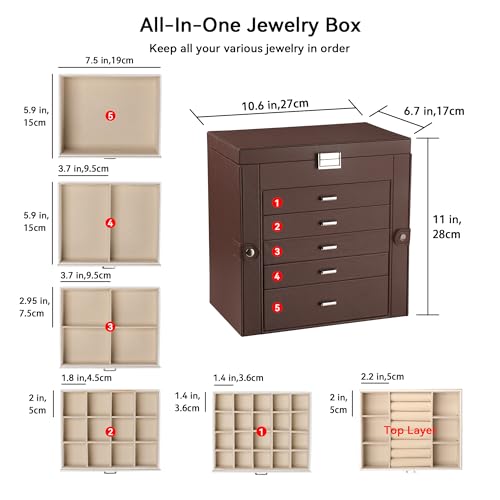 Frebeauty Large Jewelry Box,6-Tier PU Leather Jewelry Organizer,Multi-functional Storage Case with Mirror,Accessories Holder with 5 Drawers for Necklace Bracelets Watches(Dark Brown) - color: Dark Brown, size: Large