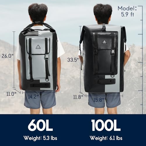 Haimont 100L Waterproof Backpack Large Roll Top Dry Backpacks Marine Dry Bags with Air Valve Travel Surfing Black/Grey - color: Black/Grey, size: 100L