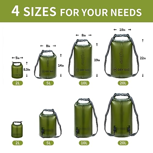 Waterproof Dry Bag - Roll Top Transparent Storage Bag,2L/5L/10L/20L,Suitable for Traveling, Swimming, Kayaking, Camping, Fishing, Rainy Day Trips - color: Pitch Green, size: 10L