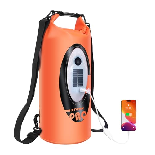 FELICON Waterproof Dry Bag Backpack with Bluetooth Speaker, 10L Roll Top Floating Sack, Solar & USB-C Powered Emergency Charger, RGB Light, Heavy Duty PVC for Kayaking Camping, Orange - color: Orange, size: 10L