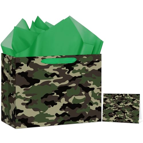 Hooqict Large Camo Gift Bag Camouflage Birthday Gift Wrap Bag with Handles, Tissue Paper, Greeting Cards for Kids Boys Men Military Army Birthday Party Decorations Goodie Treat Party Favors - color: Camo