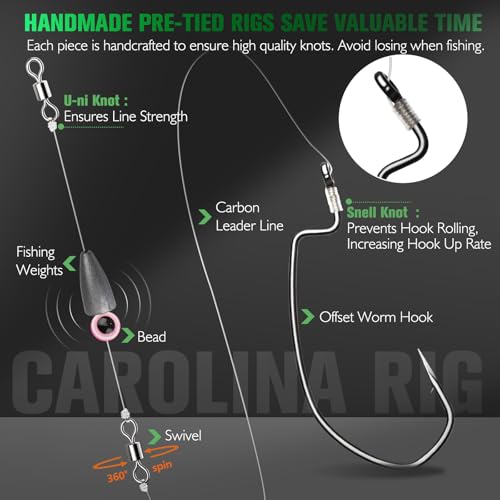 Dovesun 10/5PCS Ready Tied Carolina Rig Kit for Bass Fishing Catfish Rig Catfish Hook Kit with Bass Hooks, Swivel, Fluorocarbon Line, Weights - color: 10PCS, size: Size3/0 - Weight1/4oz