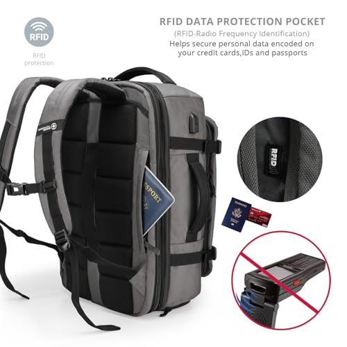 Swissdigital Design Travel Backpack 40L,TSA Friendly Flight Approved Carry-on Luggage Hand,with USB Charging Port Large Weekender Bag Fits 17 Inch Laptop Backpack Grey | SD1756-02 - color: Grey