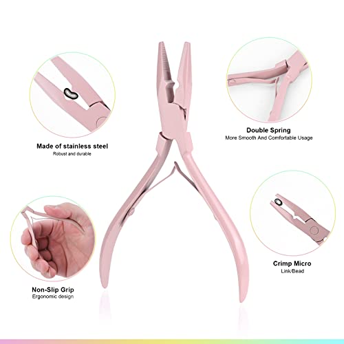EHDIS Hair Extension Beading Tool Kit Stainless Steel Hair Extensions Micro link Bead Closer and Remover Pliers set, Beads Hair Pulling Hook & Micro Ring Loop Tool Set - color: Pink