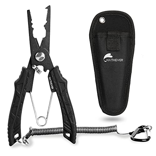 Saltwater Fishing Pliers, Split Ring Pliers for Fishing with Safety Lock, Fish Pliers with Sheath and Lanyard, Fishing Gifts for Men - color: F-black