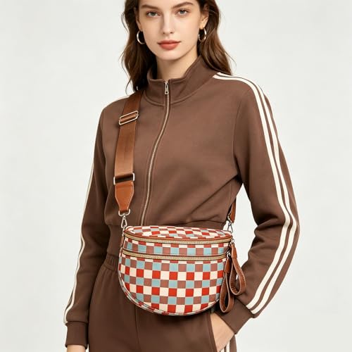 Checkered Crossbody Bum Bags for Women Nylon Checkered Purse Checkerboard Fanny Pack - color: B01-orange Green
