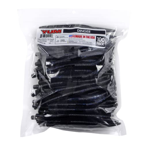 YUM Dinger Classic Worm All-Purpose Soft Plastic Bass Fishing Lure 100 Pack, 5 Inch - color: Black Blue Flake, size: 5"