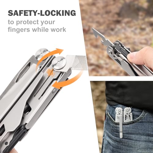 PERWIN Multitool Stainless Steel Multi-Tool Pliers 22-in-1 with Safety Locking, Pocket Knife, Bottle Opener, EDC Equipment With Pocket Clip for Survival, Camping, Hunting and Hiking. - color: Silver, size: 22 in 1