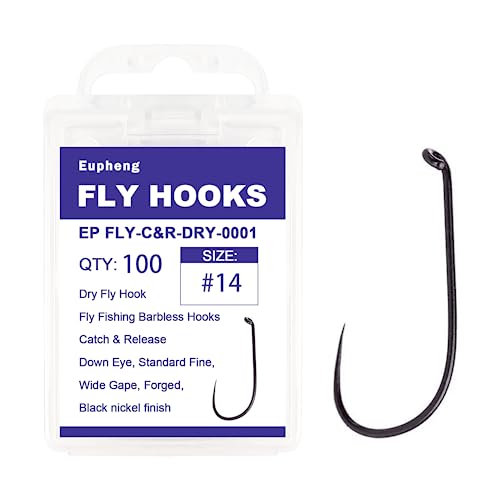 Eupheng Fly Fishing Hooks 100pc Pack Barbless Catch & Release Dry Wet Nymph Shrimp&Pupa, Streamer, Caddis, Jig, Scud Flies Fishing Hooks - color: EP Fly-C&R-DRY-0001, size: #14