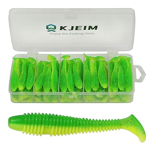 Paddle Tail Swimbaits, 50 PCS Ribbed 3 Inchs Soft Plastic Fishing Lures for Bass Trout Crappie Walleye Saltwater/Freshwater Fishing - color: Green