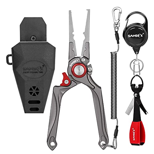 SAMSFX Fishing Pliers, Muti-Function Fly Fishing Tools, 8" Saltwater Resistant Gear Hook Remover Split Ring Tungsten Cutters, with Lanyard & Sheath - color: Red Fishing Pliers with Quick Knot Tool