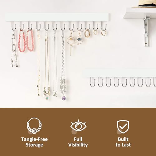 ZEDODIER 2 Pack Necklace Organizer Wall Mount, Wooden Jewelry Hanger Necklace Holder with 24 Hooks,Hanging Jewelry Organizer, White - color: White