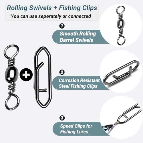 AMYSPORTS Heavy Strength Fishing Snap Stainless Saltwater Freshwater Fishing Swivel Clip Rolling Barrel Fishing Clips Swivels Speed Change Black Nickel - size: Size 1+L (78lb) 25 pcs