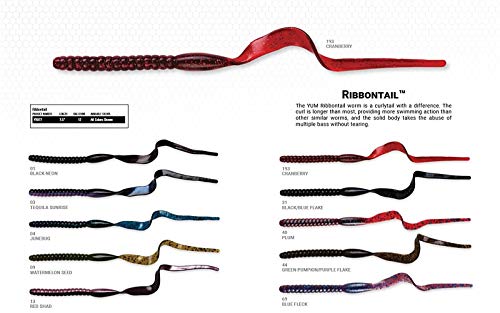 YUM Ribbontail Worm Curly-Tail Swim-Bait Bass Fishing Lure - color: Green Pumpkin/Purple Flake
