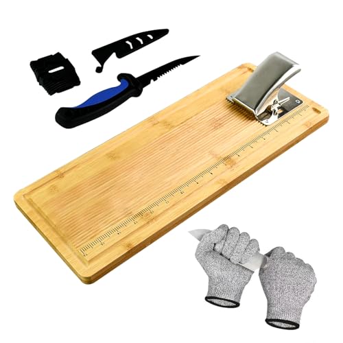 18" Bamboo Fish Cleaning Board Kit Anti-slip Fish Cutting Board Set Fish Filet Board with Scale Fish Measure Board Include Fish Fillet Knife, Clamp, Sharpener,Gloves, Fisherman Gifts