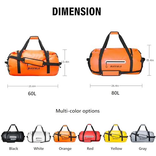 Buffalo Gear Waterproof Duffle Bag 40L 60L 80L Roll-top Dry Bag Heavy Duty Waterproof Duffel Travel Bag for Kayaking Rafting Boating Fishing Camping - color: Orange, size: 60L