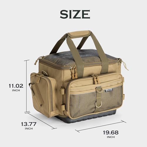 Ghosthorn Fishing Tackle Bag with Rod Holder Saltwater & Freshwater Resistant Large Tackle Box Bag - Waterproof Base, Adjustable Padded Shoulder Strap (Khaki) - color: Khak-Waterproof Bottom, size: Large